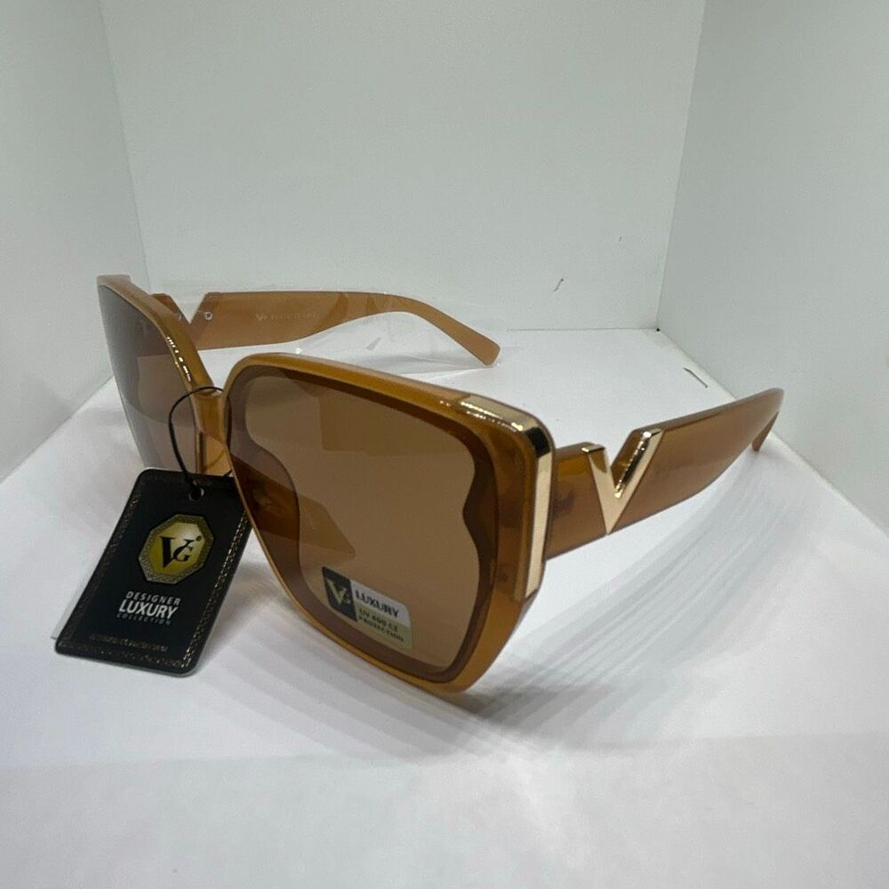 VG Luxury Oversized Amber Sunglasses Gold V Accent UV400 Designer Style